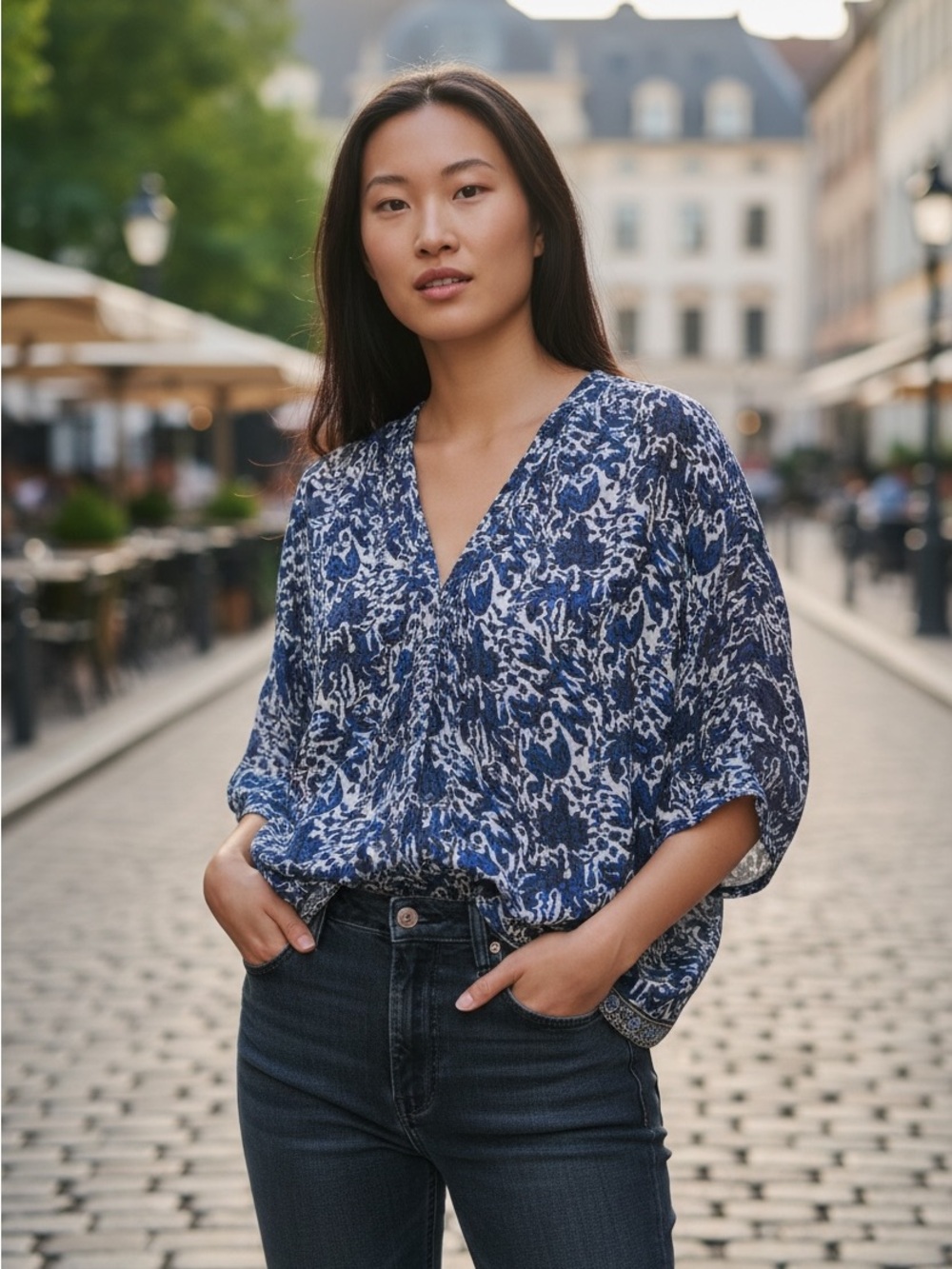 Natalie Martin Navy and White Printed V-Neck Tunic